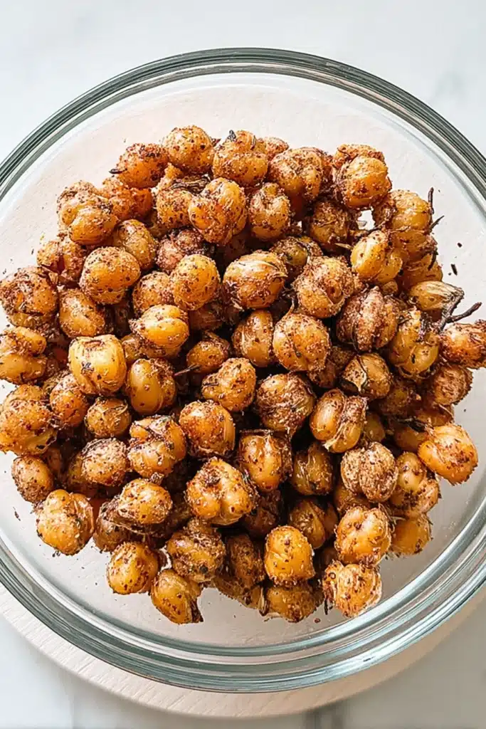 Spiced crispy roasted chickpeas in a glass bowl on a light surface