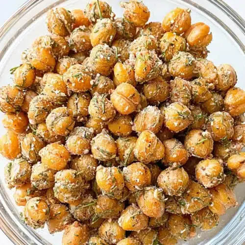 Crispy Roasted Chickpeas coated in herbs in a glass bowl on a wooden surface