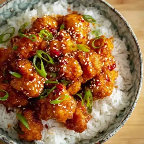 Crispy sweet chilli chicken on white rice topped with sesame seeds and green onions