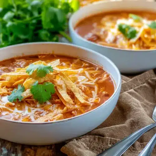 Bowl of Crock Pot Chicken Tortilla Soup topped with cheese, tortilla strips, and cilantro
