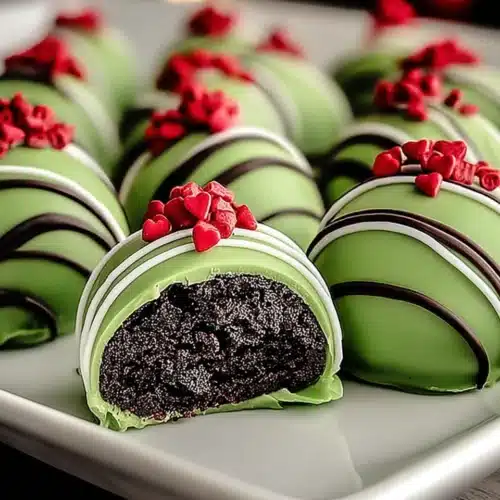 Delightful Grinch Oreo Balls – A Festive No-Bake Christmas Treat 3 Delightful Grinch Oreo Balls with red candy hearts and white drizzle on a plate