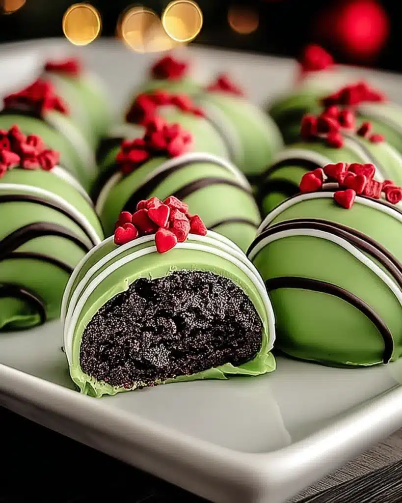 Delightful Grinch Oreo Balls – A Festive No-Bake Christmas Treat 1 Green Grinch Oreo balls with red candy hearts and white drizzle on a plate