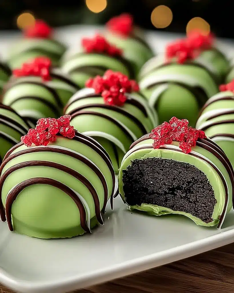 Delightful Grinch Oreo Balls – A Festive No-Bake Christmas Treat 2 Grinch Oreo balls with green coating, red candy hearts, and chocolate drizzle on a plate