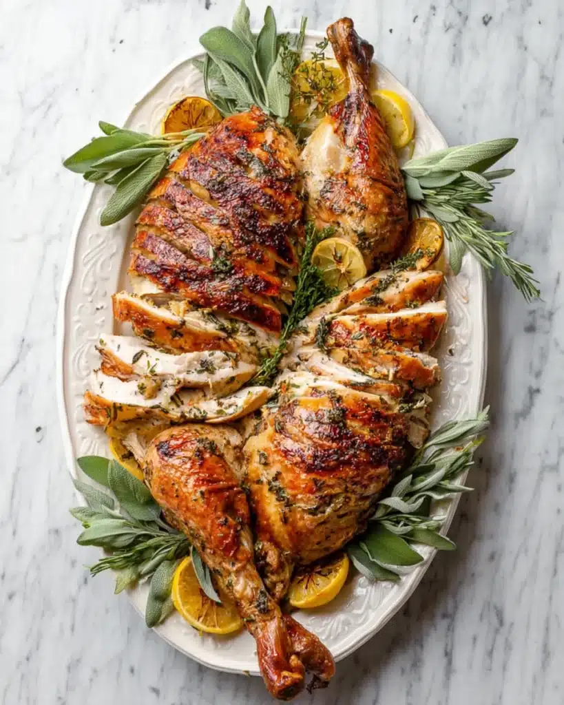 Sliced roast turkey with crispy herb butter skin and lemon garnish on platter