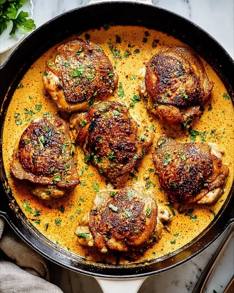 Easy Skillet Chicken Thighs (Crispy, Juicy & Ready in 40 Minutes) 4 Golden crispy chicken thighs searing in a skillet for Easy Skillet Chicken Thighs recipe