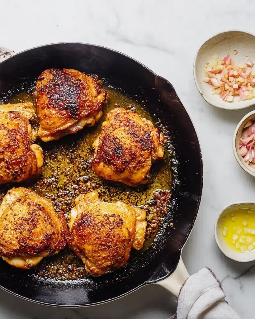 Easy Skillet Chicken Thighs (Crispy, Juicy & Ready in 40 Minutes) 2 Golden crispy chicken thighs searing in a skillet for Easy Skillet Chicken Thighs recipe