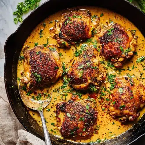 Easy Skillet Chicken Thighs (Crispy, Juicy & Ready in 40 Minutes) 6 Easy Skillet Chicken Thighs in creamy garlic sauce with fresh parsley