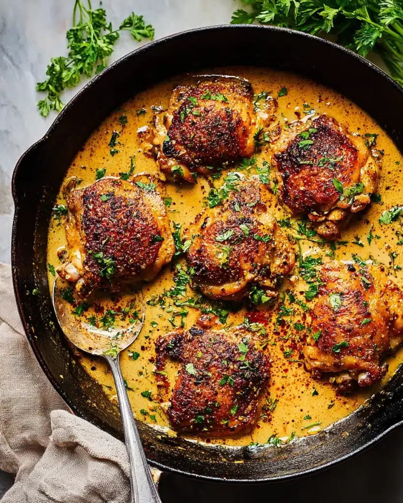 Easy Skillet Chicken Thighs (Crispy, Juicy & Ready in 40 Minutes) 1 Crispy skillet chicken thighs in creamy garlic sauce with fresh parsley