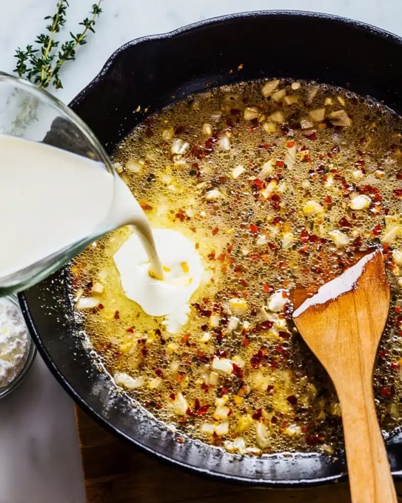 Easy Skillet Chicken Thighs (Crispy, Juicy & Ready in 40 Minutes) 3 Pouring cream into skillet to make creamy garlic sauce for Easy Skillet Chicken Thighs