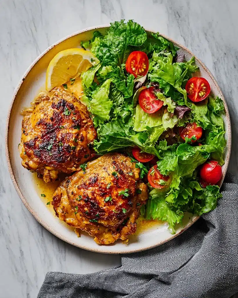 Easy Skillet Chicken Thighs (Crispy, Juicy & Ready in 40 Minutes) 5 Easy Skillet Chicken Thighs served with fresh salad and lemon wedge
