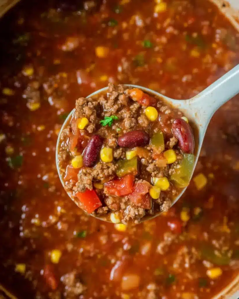 Ladle lifting hearty Easy Taco Soup with beef, beans, and corn