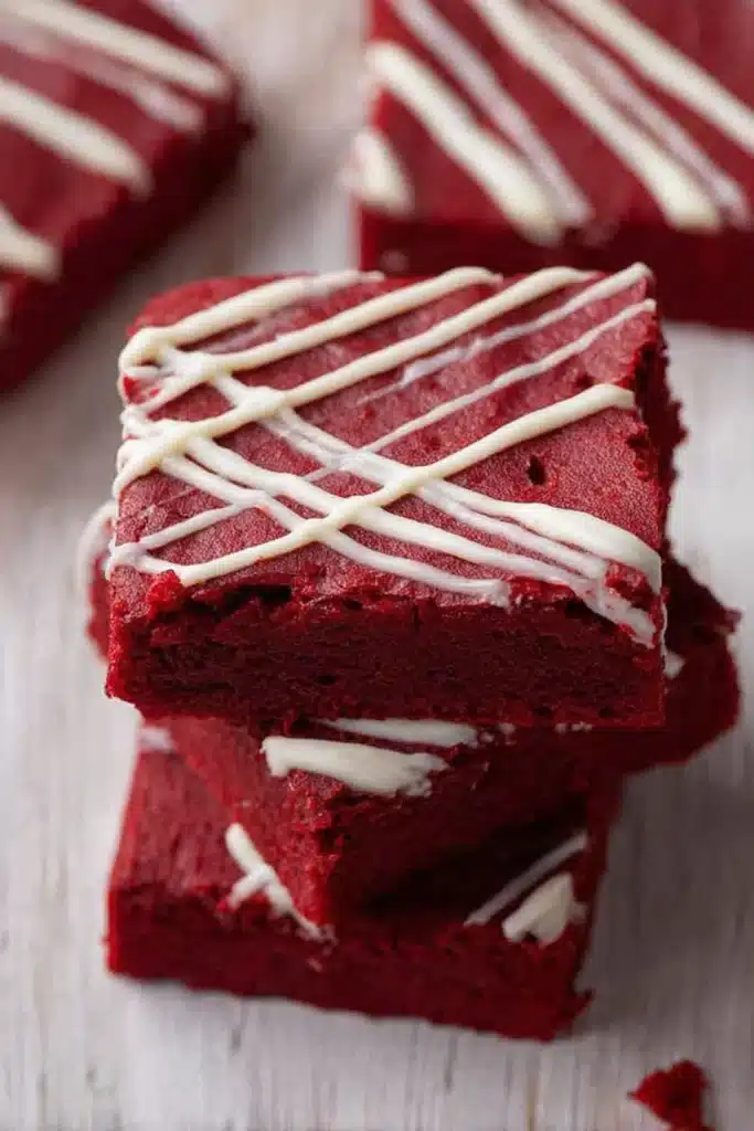Fudgy Red Velvet Brownies 1 Fudgy red velvet brownies with white chocolate drizzle on top