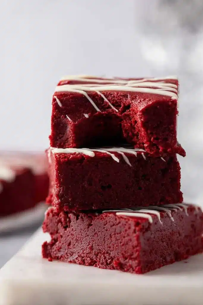 Fudgy Red Velvet Brownies 2 Stack of fudgy red velvet brownies with white chocolate drizzle