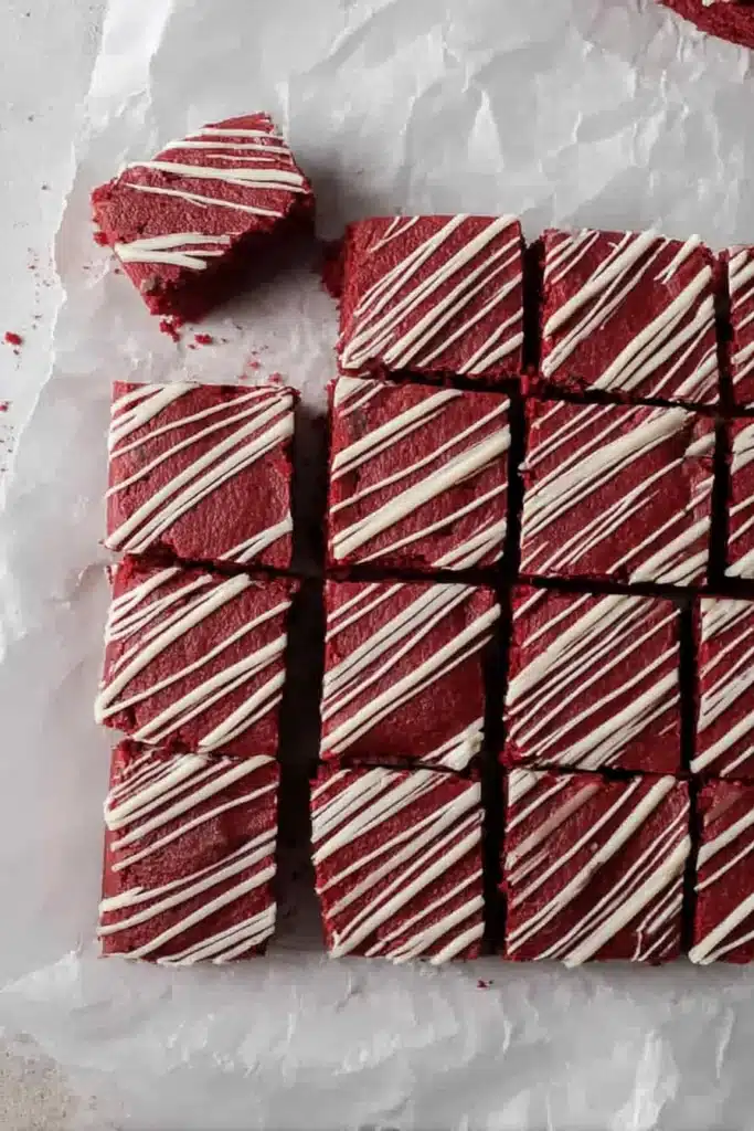 Fudgy Red Velvet Brownies 5 Sliced fudgy red velvet brownies with white chocolate drizzle