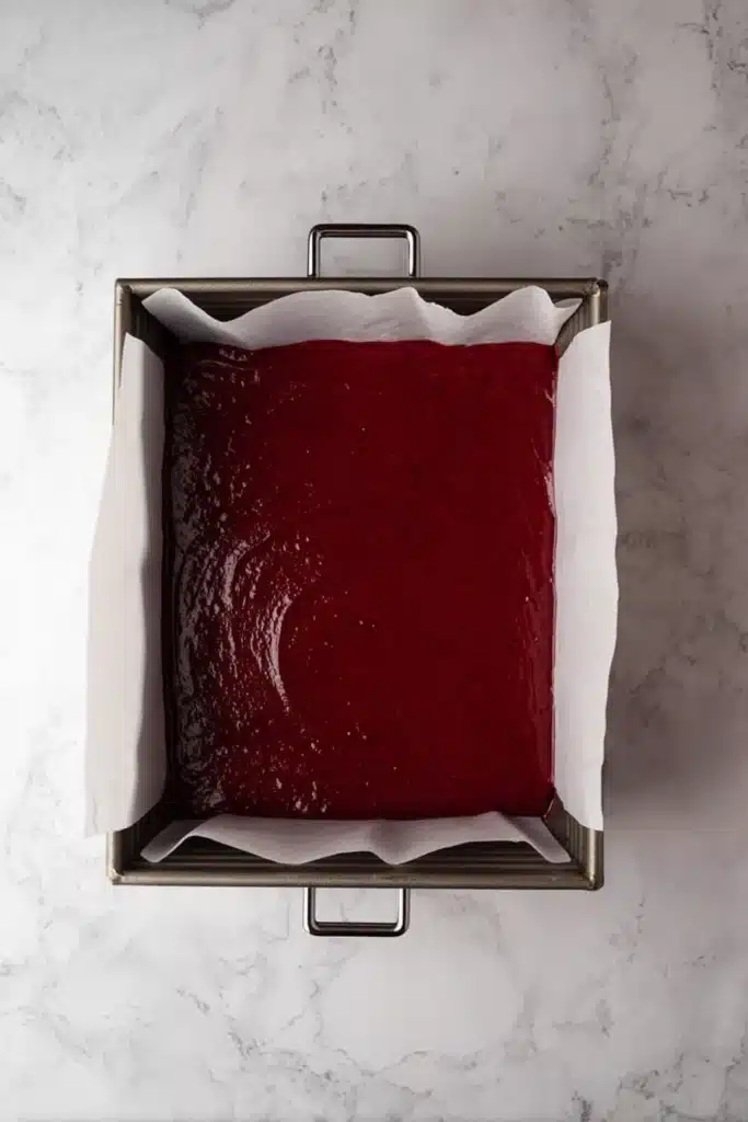 Fudgy Red Velvet Brownies 4 Red velvet brownie batter in a parchment-lined square pan ready to bake