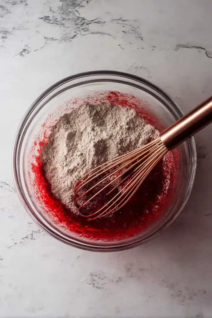 Fudgy Red Velvet Brownies 3 Mixing fudgy red velvet brownie batter with flour in a glass bowl