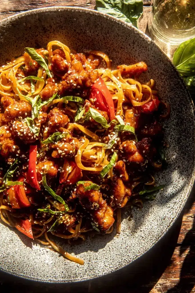Garlic Chicken Noodles: A Fast, Flavor-Packed Dinner in 20 Minutes 2 Finished garlic chicken noodles with crispy chicken, basil, and sesame seeds on a ceramic plate