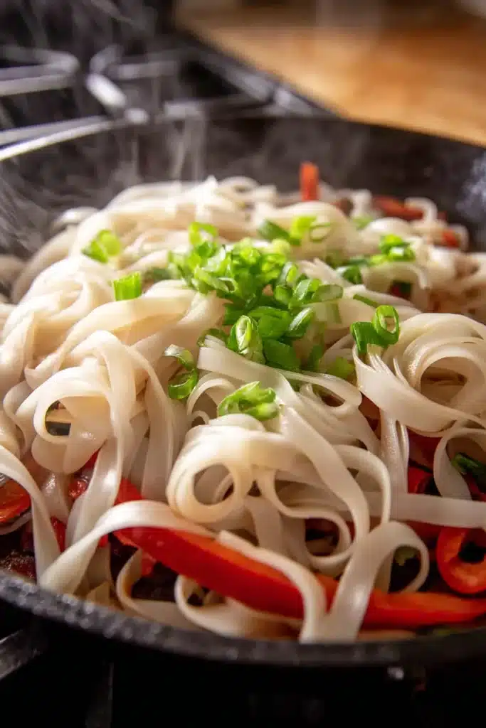 Garlic Chicken Noodles: A Fast, Flavor-Packed Dinner in 20 Minutes 5 Fresh rice noodles with red peppers and green onions in a skillet for garlic chicken noodles