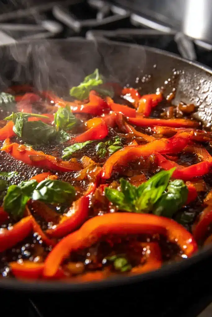 Garlic Chicken Noodles: A Fast, Flavor-Packed Dinner in 20 Minutes 4 Sautรฉed red bell peppers and basil simmering in a skillet for garlic chicken noodles