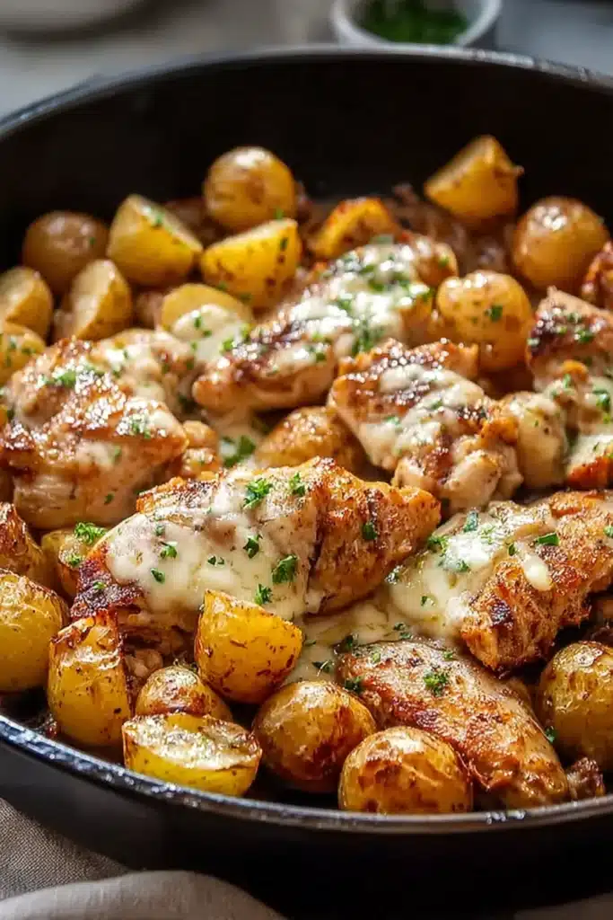 Garlic Parmesan Chicken and Potatoes 2 Garlic Parmesan chicken and crispy roasted potatoes in skillet