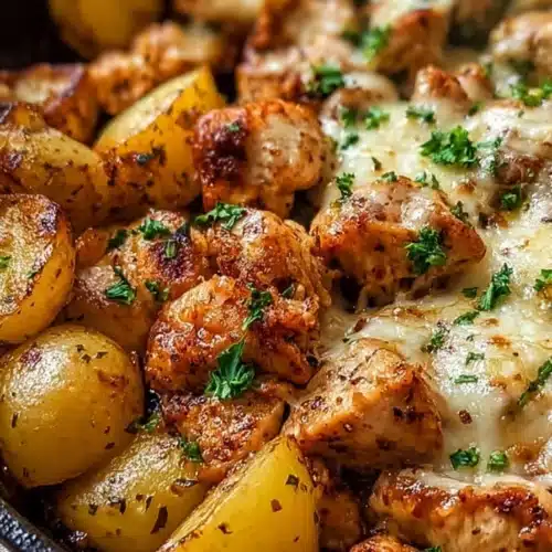 Garlic Parmesan Chicken and Potatoes 3 Garlic Parmesan chicken with golden roasted potatoes and melted cheese