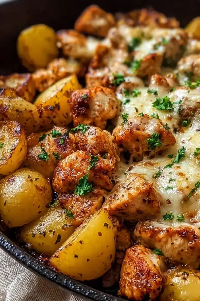 Garlic Parmesan Chicken and Potatoes 1 Garlic Parmesan chicken with golden roasted potatoes and melted cheese