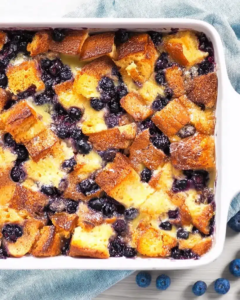 Blueberry French Toast Casserole Recipe 1 Blueberry French toast casserole with golden bread cubes and baked blueberries