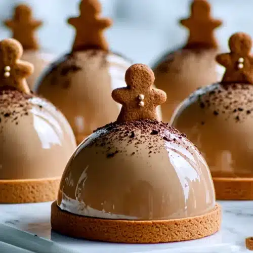 Why You’ll Love These Gingerbread Latte Mousse Domes 6 Glossy gingerbread latte mousse domes with cookie bases and mini gingerbread toppers