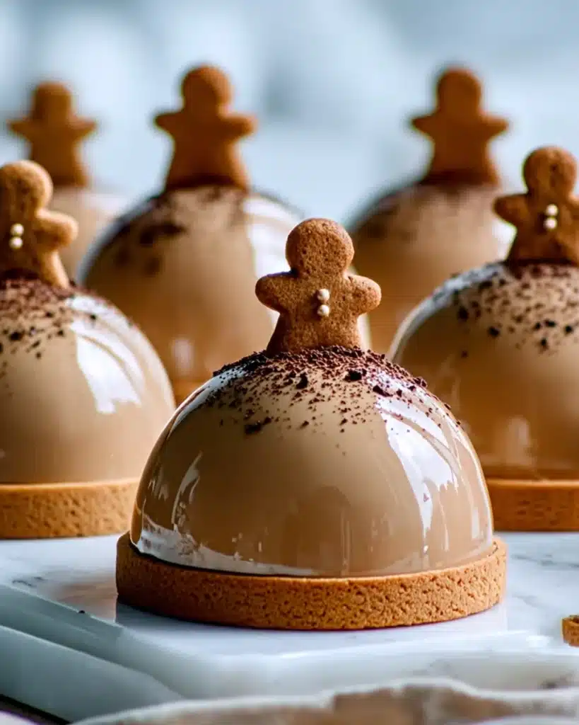 Why You’ll Love These Gingerbread Latte Mousse Domes 1 Glossy gingerbread latte mousse domes with cookie bases and mini gingerbread toppers