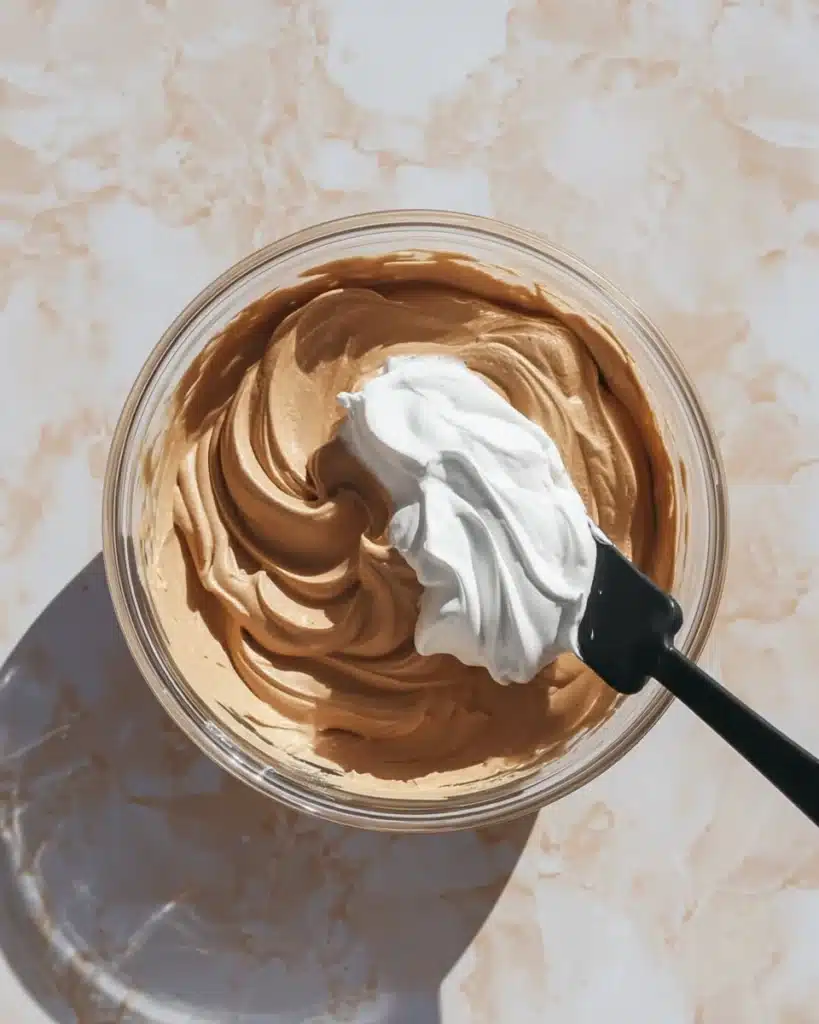 Why You’ll Love These Gingerbread Latte Mousse Domes 4 Folding whipped cream into gingerbread latte mousse in a glass bowl