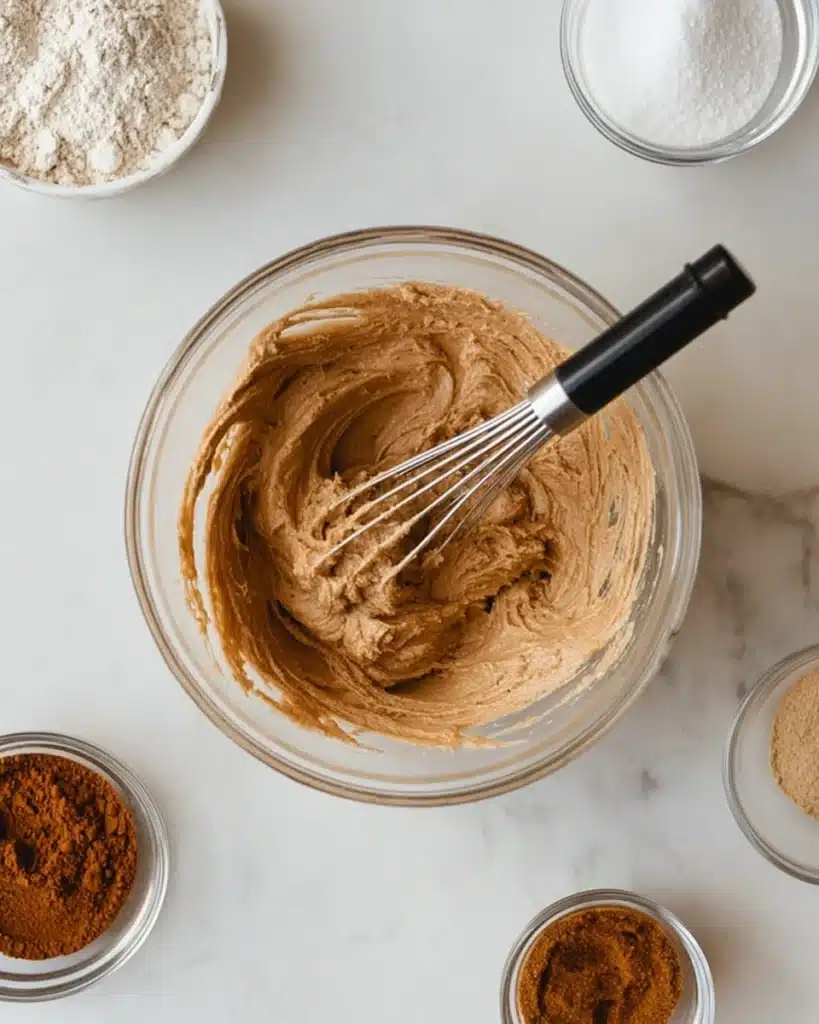 Why You’ll Love These Gingerbread Latte Mousse Domes 2 Mixing gingerbread cookie batter in a glass bowl with whisk and spices