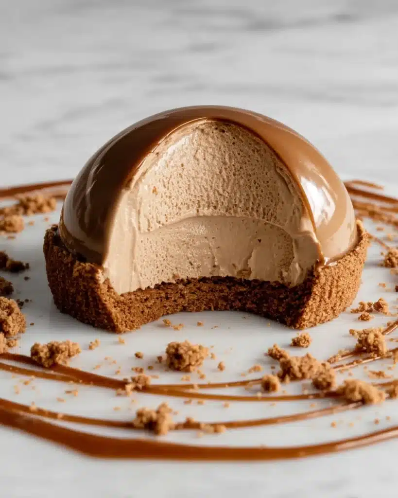 Why You’ll Love These Gingerbread Latte Mousse Domes 5 Cross-section of gingerbread latte mousse dome with glossy glaze and creamy mousse