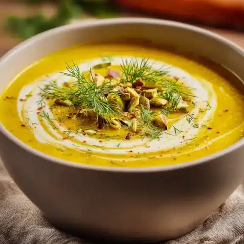 Golden turmeric lentil soup with yogurt swirl, pistachios, and dill in a ceramic bowl