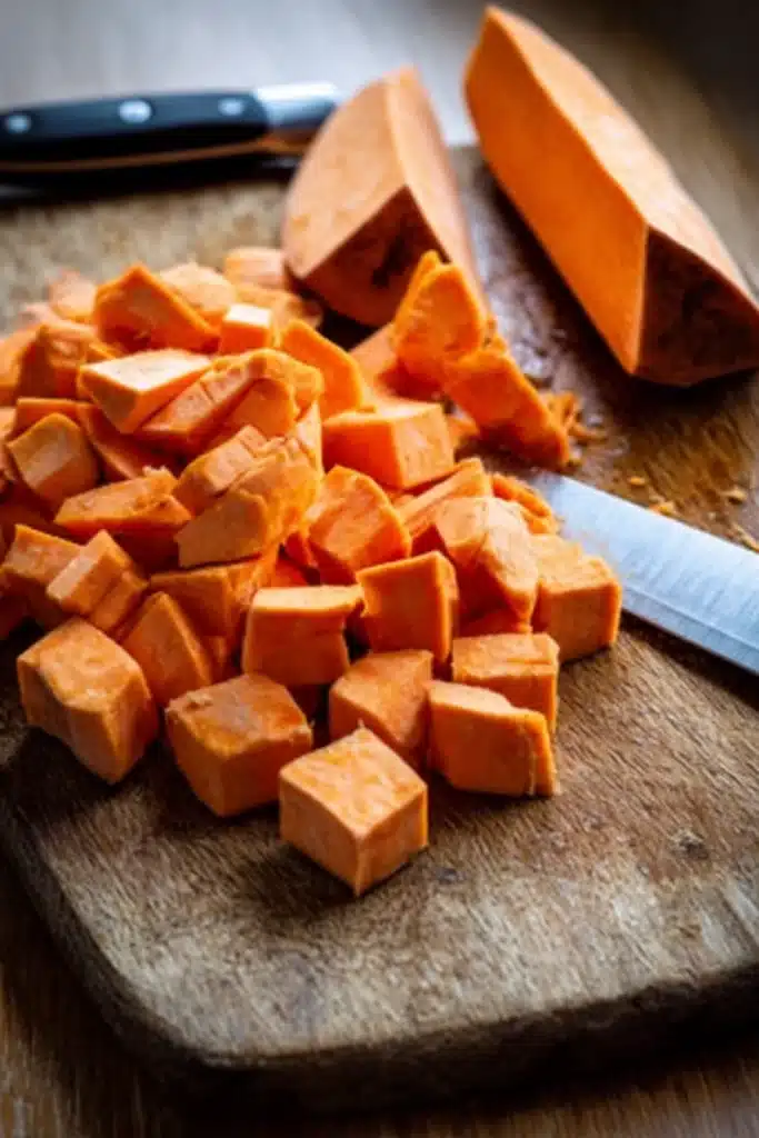 Diced sweet potatoes on a wooden cutting board with knife