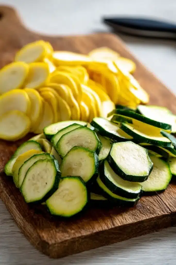 Chopped zucchini and yellow squash on a wooden cutting board