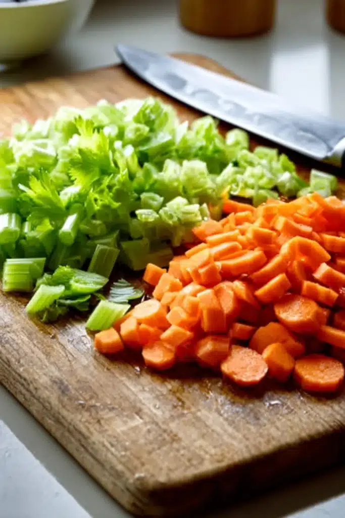 Chopped celery and sliced carrots on a wooden cutting board