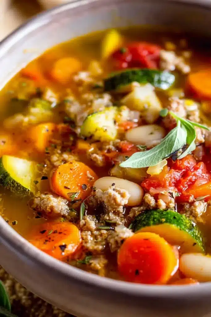 Ground turkey vegetable soup close-up with carrots, zucchini, and tomatoes in broth