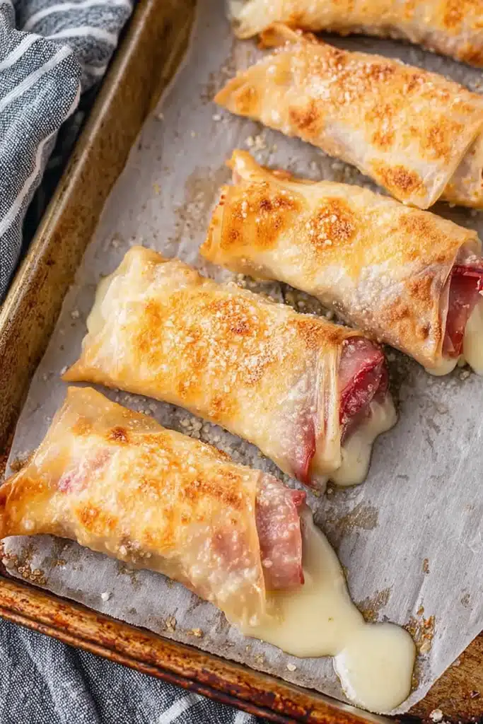 Golden baked ham and mozzarella cheese sticks on tray