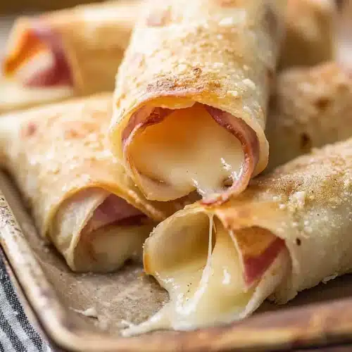 Crispy baked ham and mozzarella cheese sticks on a tray