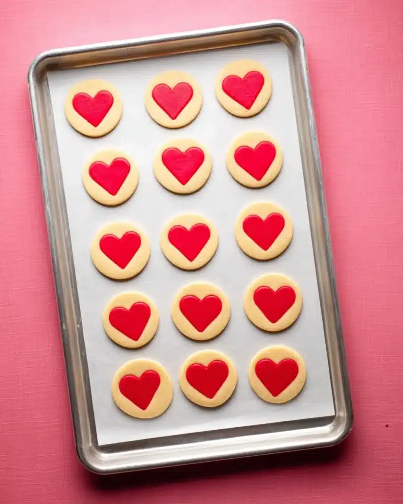 Heart Cookies sliced and ready to bake on baking sheet