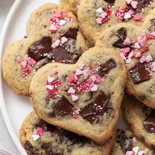 Heart shaped chocolate chip cookies with pink sprinkles for Valentine’s Day