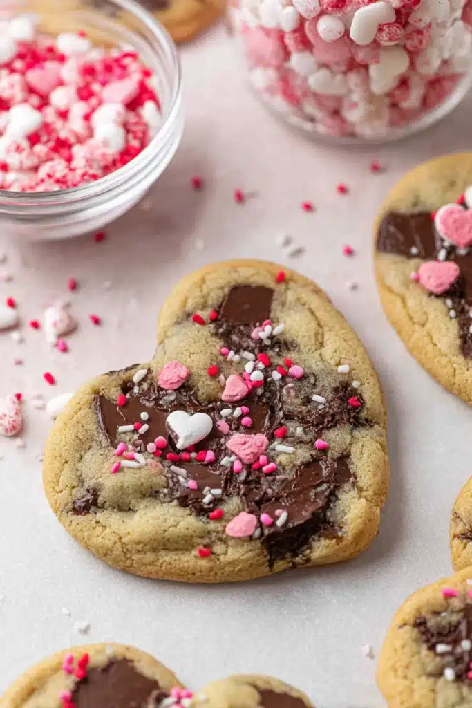 Heart shaped chocolate chip cookies with melted chocolate and pink sprinkles