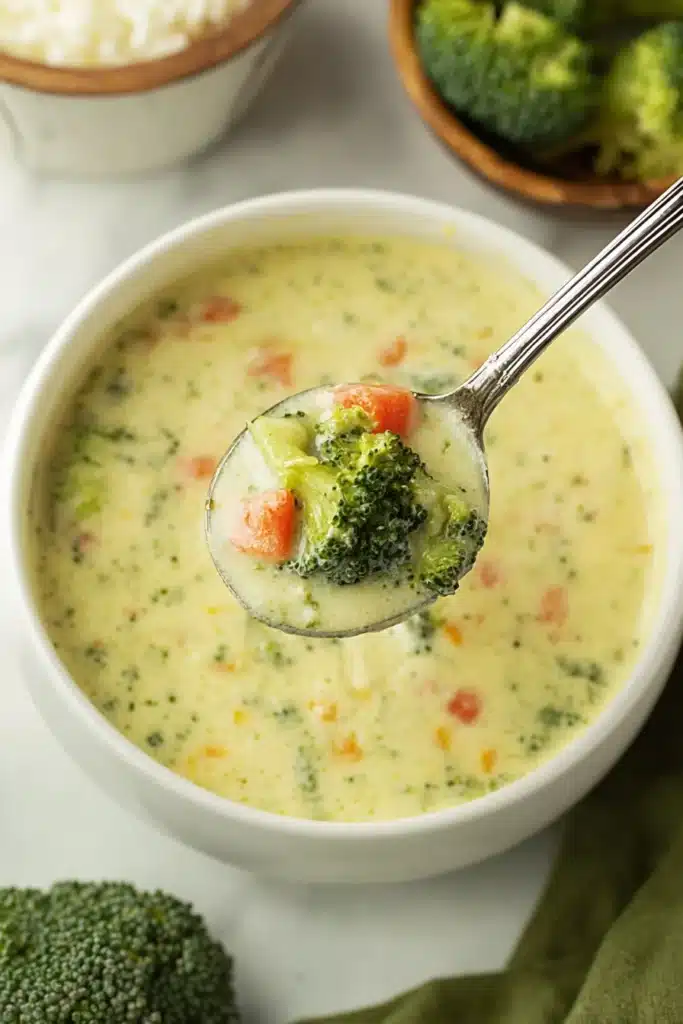 Creamy high protein broccoli cheddar soup in a white bowl with spoon and broccoli