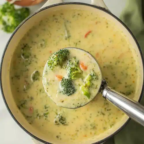 High Protein Broccoli Cheddar Soup in a ladle over a pot with broccoli and carrots