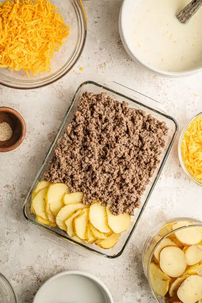 Ground beef layer for Hobo Casserole in a glass baking dish with ingredients around