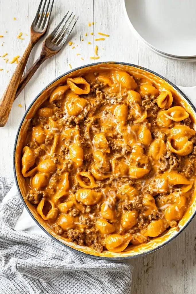 Homemade Hamburger Helper 5 Creamy homemade hamburger helper with pasta shells and ground beef in skillet