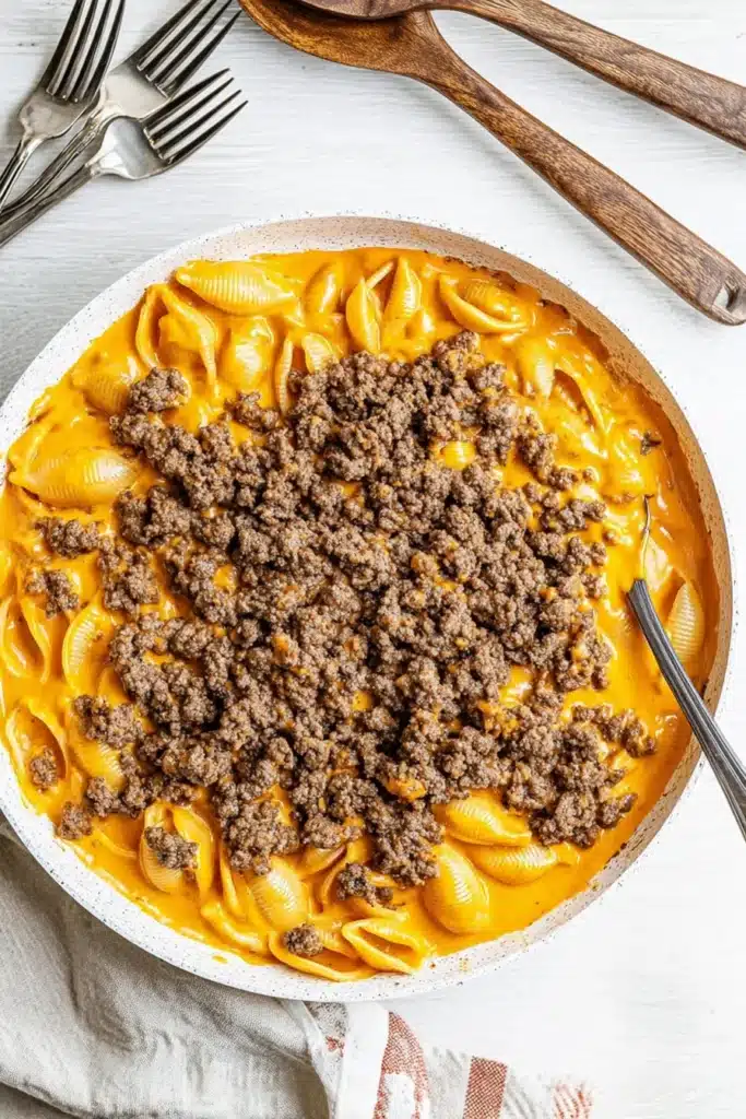Homemade Hamburger Helper 4 Adding cooked ground beef to creamy homemade hamburger helper in skillet