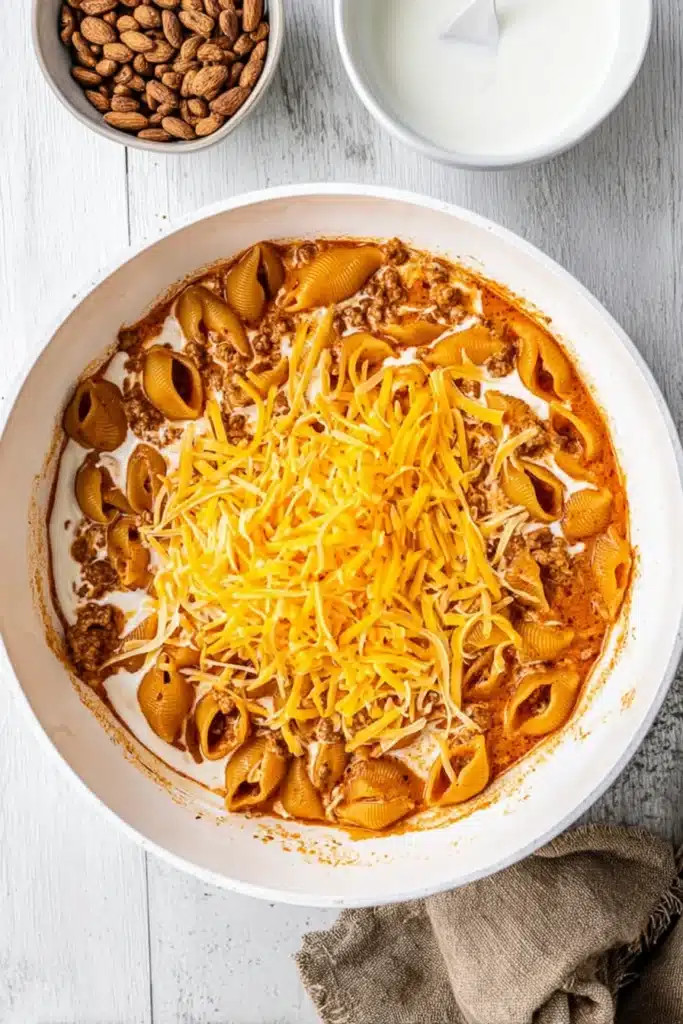 Homemade Hamburger Helper 3 Adding shredded cheddar to creamy homemade hamburger helper in skillet