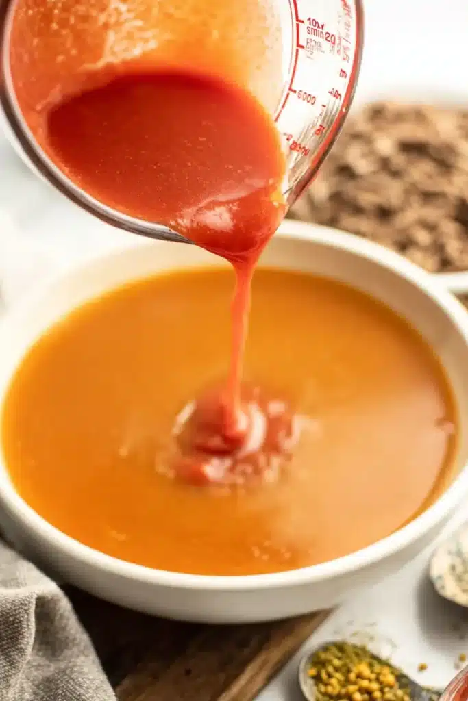 Homemade Hamburger Helper 2 Pouring tomato sauce into skillet for homemade hamburger helper