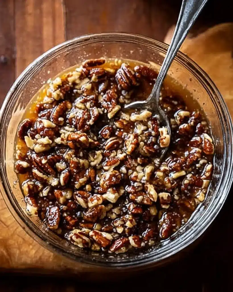 Homemade Pecan Pie Recipe – Flaky Crust, Gooey Filling, and Classic Flavor 3 Pecan pie filling with chopped pecans in a glass bowl
